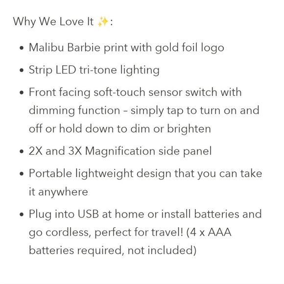 Impressions X Barbie Tri-Fold LED Tri-Tone Makeup Mirror w/Magnification - Picture 6 of 7